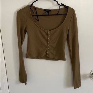 2/$10 Waffle Olive Green Long Sleeve Crop Top